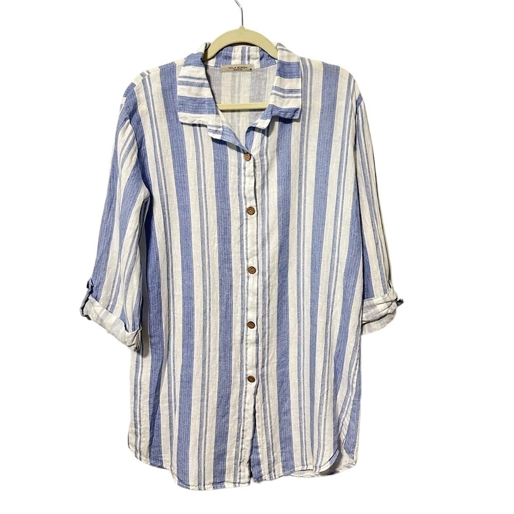 Viola Borghi 100% Linen Striped Blue White Medium Tunic Dress Classic Nautical - Picture 5 of 10